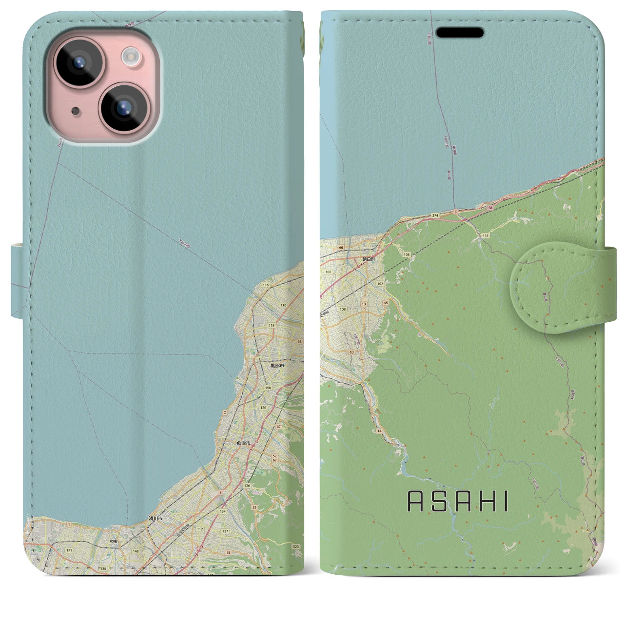 【朝日（富山県）】地図柄iPhoneケース（手帳タイプ）ナチュラル・iPhone 15 Plus 用