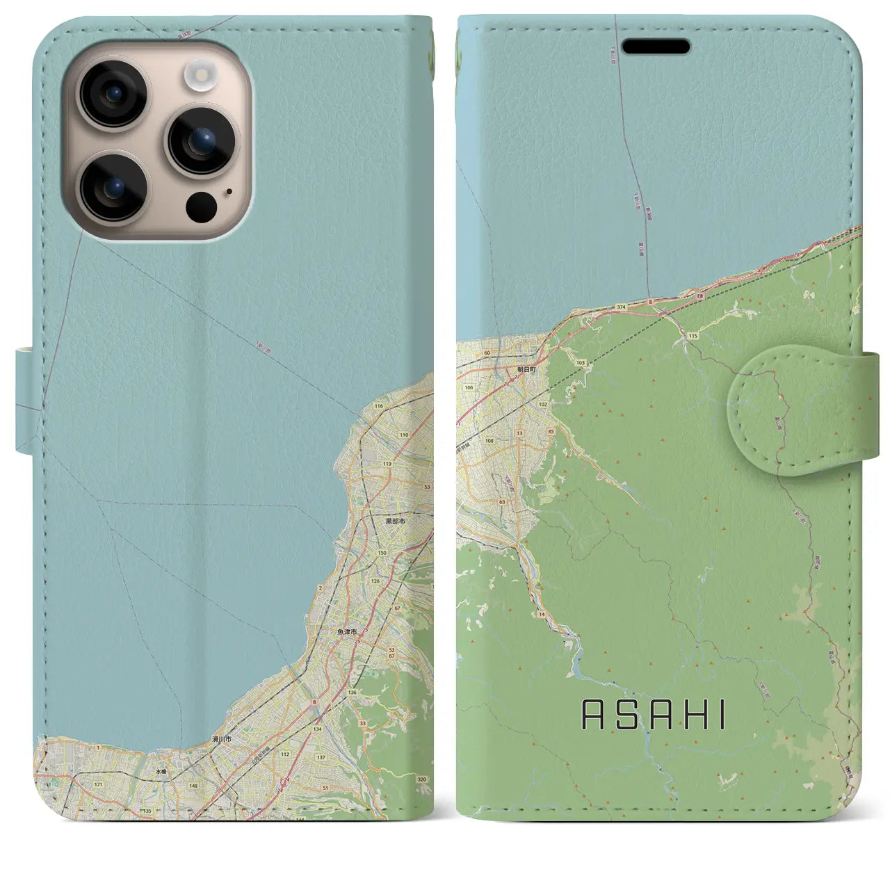 【朝日（富山県）】地図柄iPhoneケース（手帳タイプ）ナチュラル・iPhone 16 Plus 用