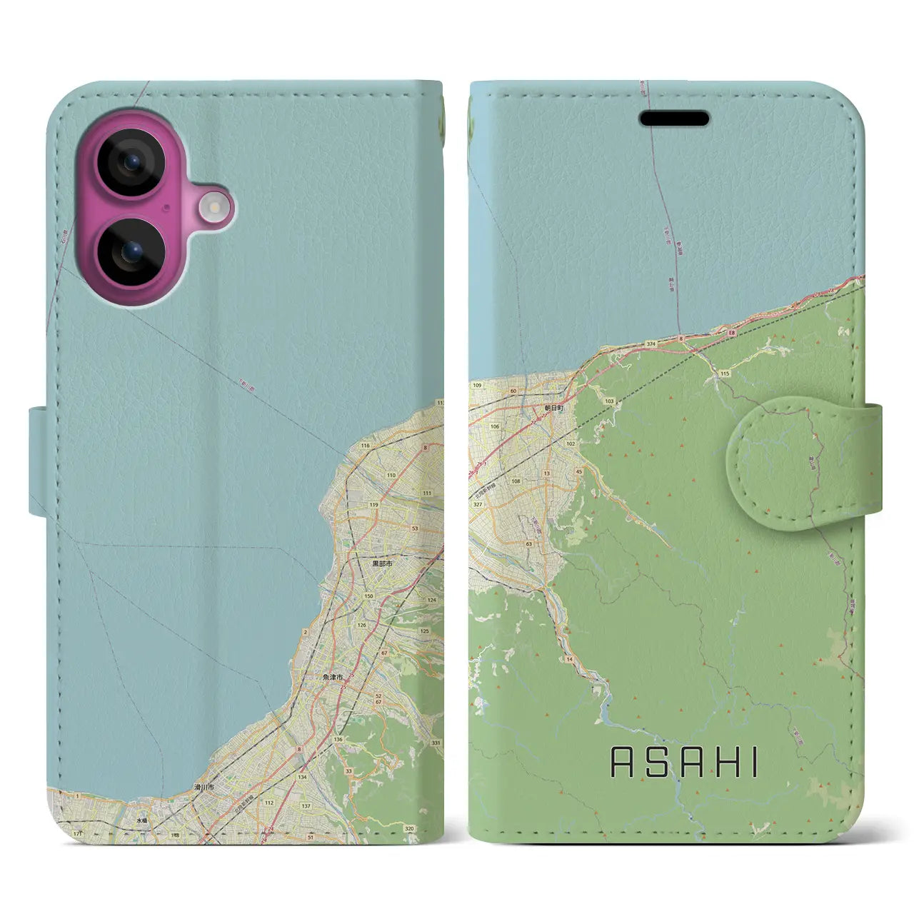 【朝日（富山県）】地図柄iPhoneケース（手帳タイプ）ナチュラル・iPhone 16 Pro 用