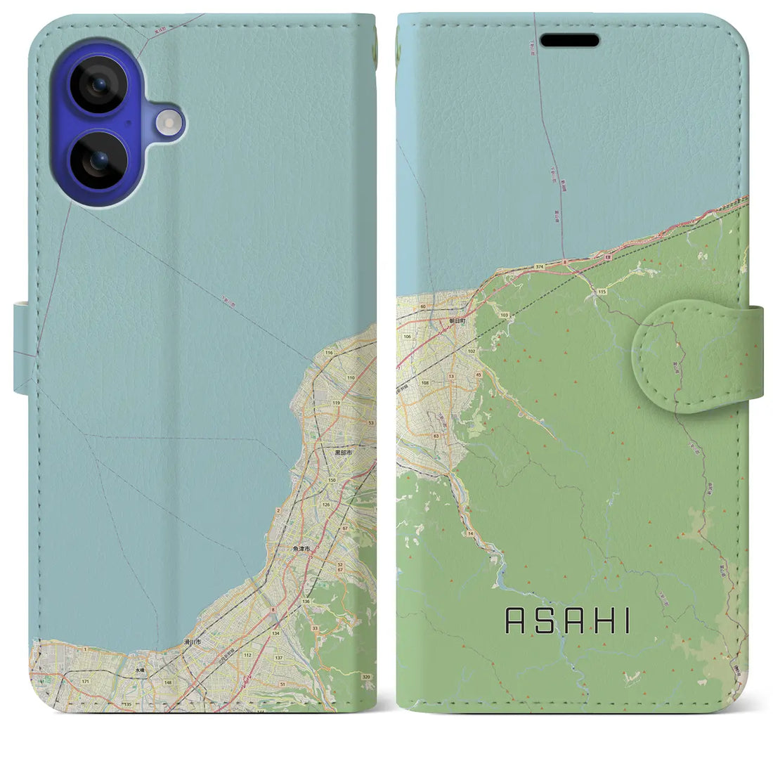 【朝日（富山県）】地図柄iPhoneケース（手帳タイプ）ナチュラル・iPhone 16 Pro Max 用