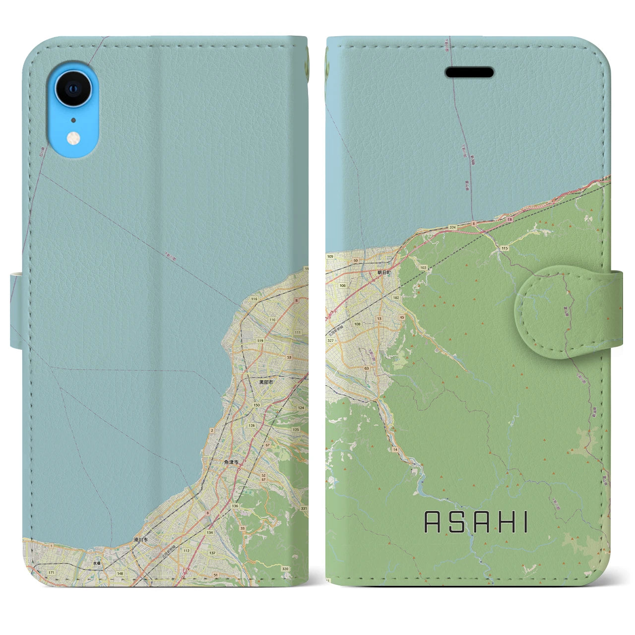 【朝日（富山県）】地図柄iPhoneケース（手帳タイプ）ナチュラル・iPhone XR 用