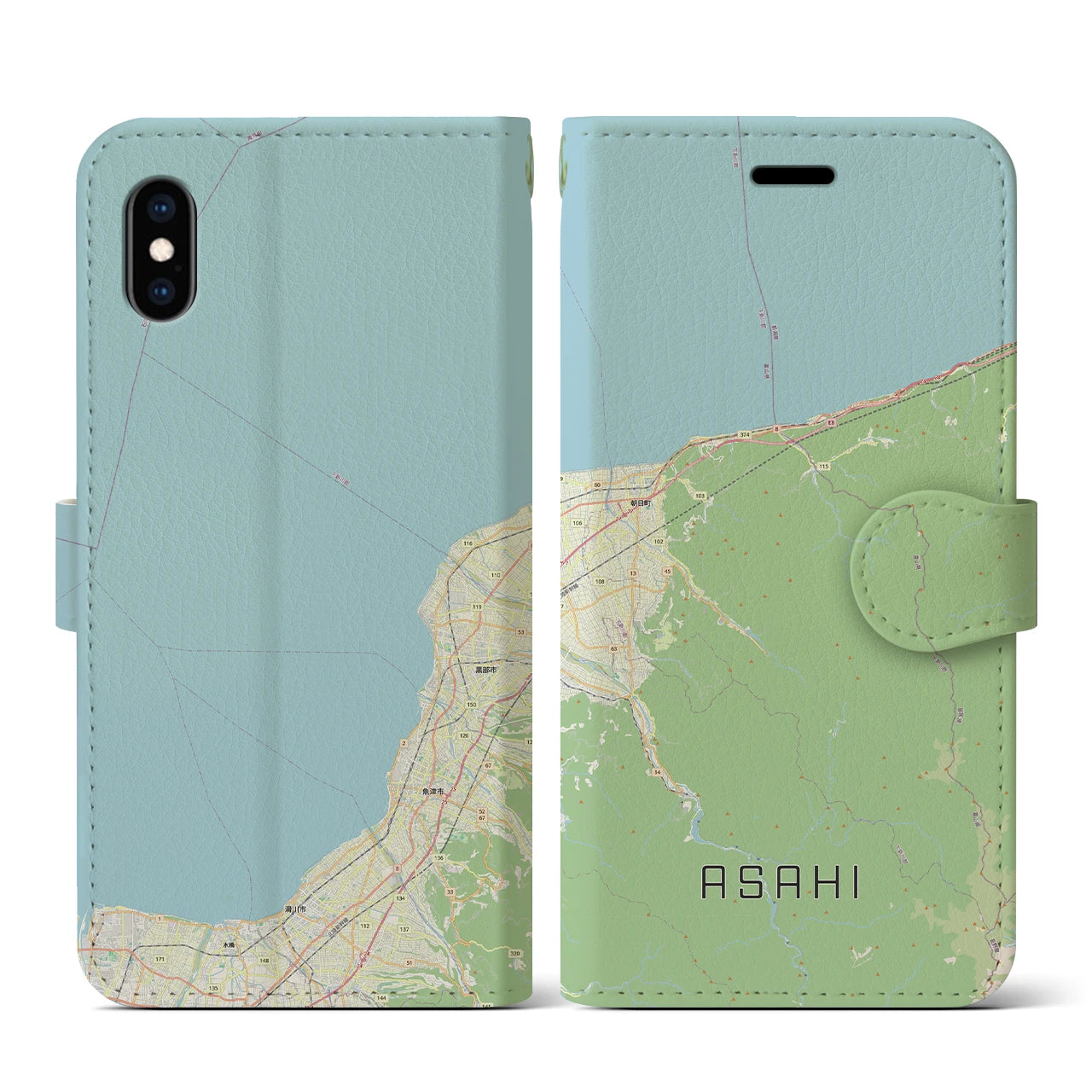 【朝日（富山県）】地図柄iPhoneケース（手帳タイプ）ナチュラル・iPhone XS / X 用