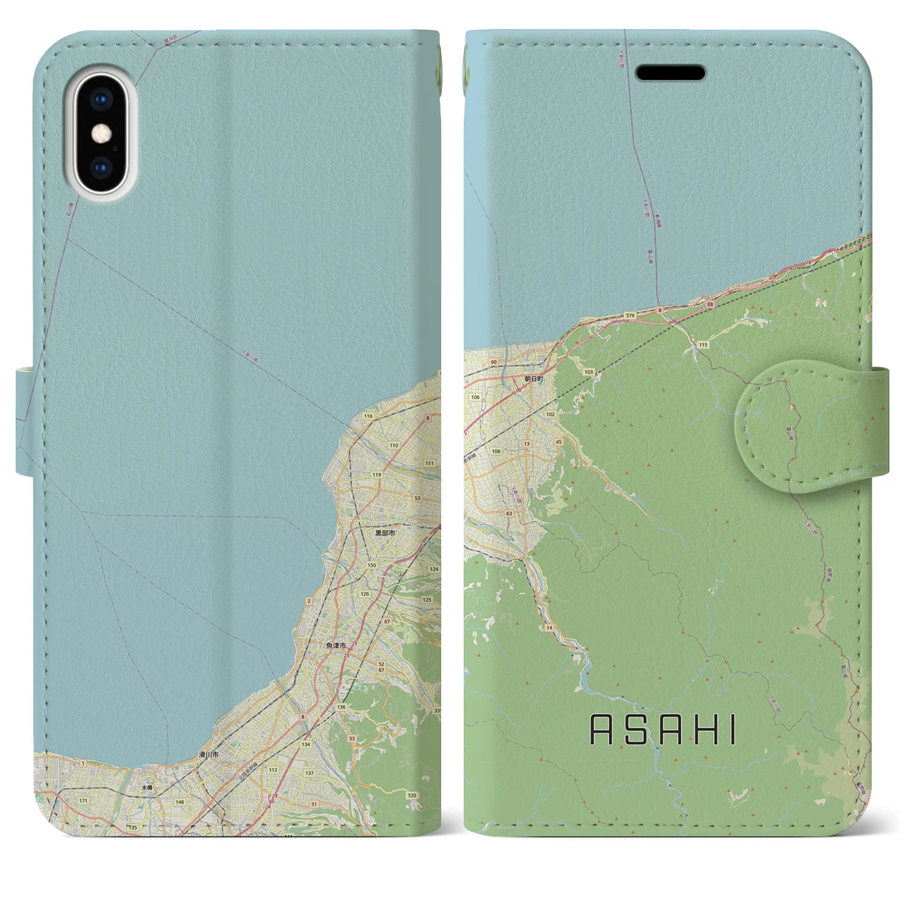 【朝日（富山県）】地図柄iPhoneケース（手帳タイプ）ナチュラル・iPhone XS Max 用