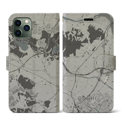 【朝日（三重県）】地図柄iPhoneケース（手帳タイプ）モノトーン・iPhone 11 Pro 用