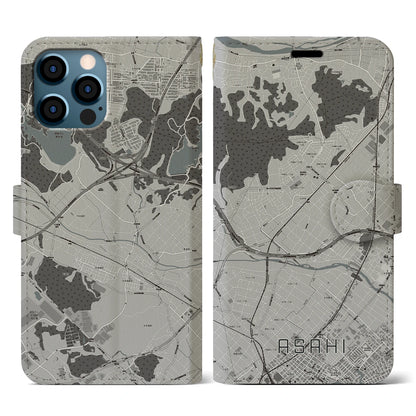 【朝日（三重県）】地図柄iPhoneケース（手帳タイプ）モノトーン・iPhone 12 / 12 Pro 用