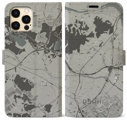 【朝日（三重県）】地図柄iPhoneケース（手帳タイプ）モノトーン・iPhone 12 Pro Max 用