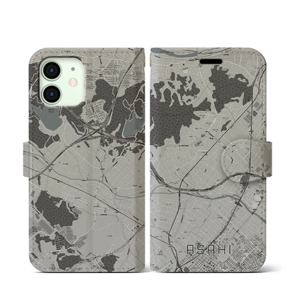 【朝日（三重県）】地図柄iPhoneケース（手帳タイプ）モノトーン・iPhone 12 mini 用