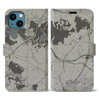 【朝日（三重県）】地図柄iPhoneケース（手帳タイプ）モノトーン・iPhone 13 用