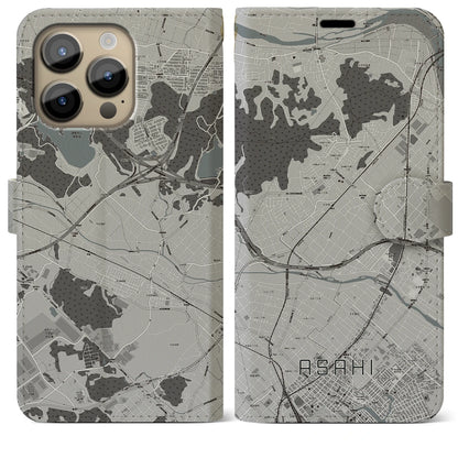 【朝日（三重県）】地図柄iPhoneケース（手帳タイプ）モノトーン・iPhone 14 Pro Max 用