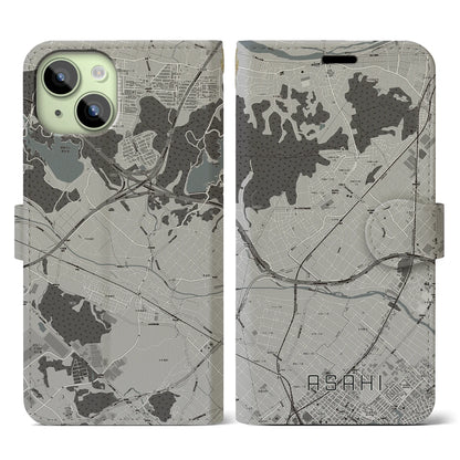 【朝日（三重県）】地図柄iPhoneケース（手帳タイプ）モノトーン・iPhone 15 用