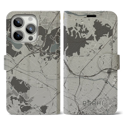 【朝日（三重県）】地図柄iPhoneケース（手帳タイプ）モノトーン・iPhone 15 Pro 用