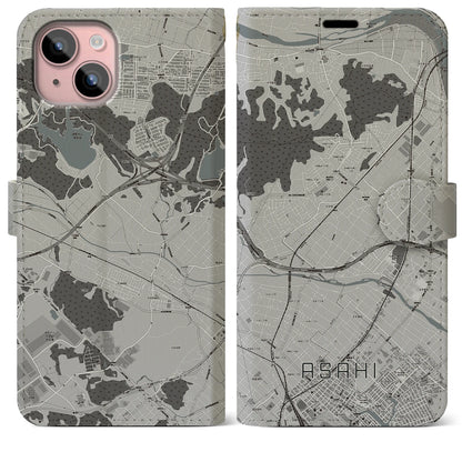 【朝日（三重県）】地図柄iPhoneケース（手帳タイプ）モノトーン・iPhone 15 Plus 用