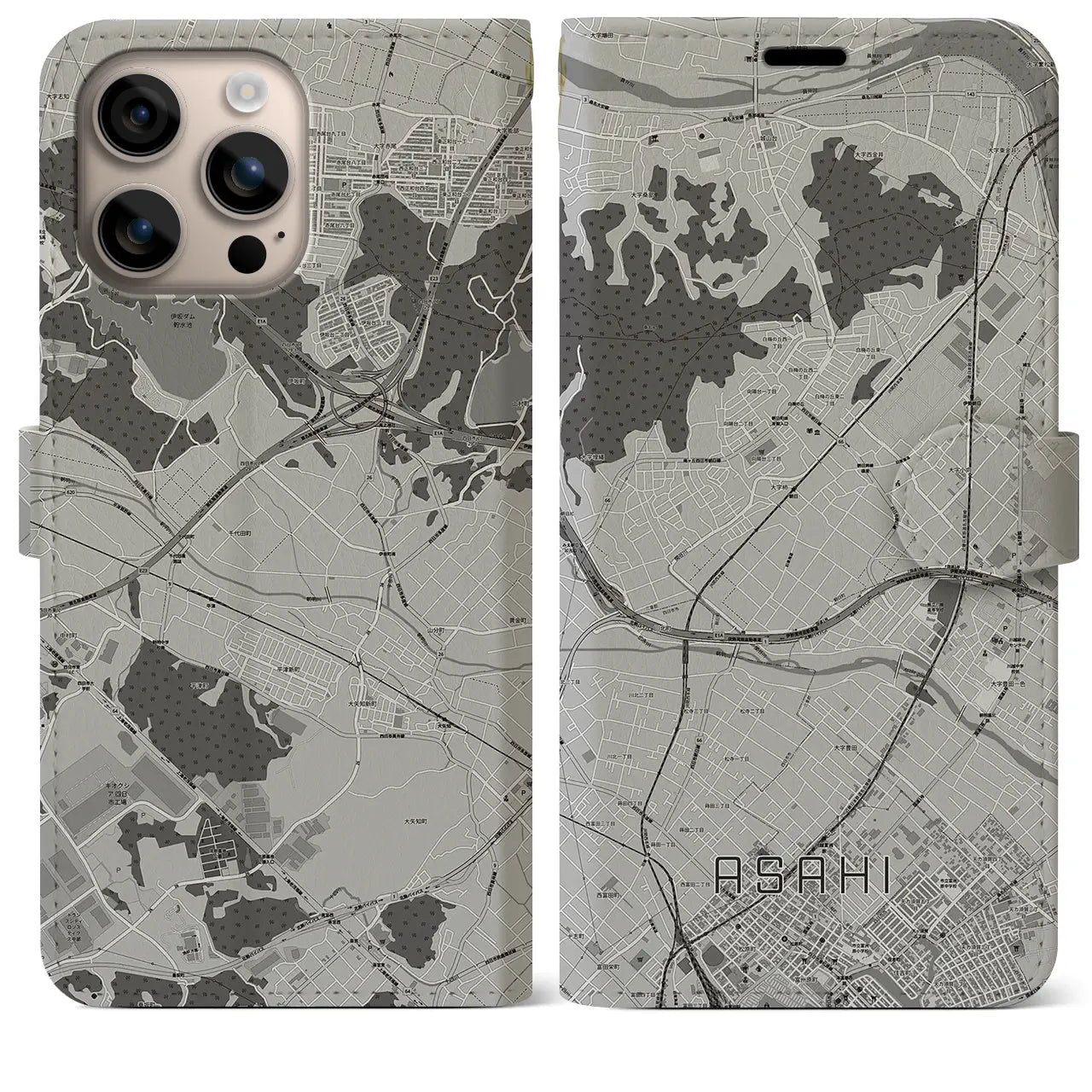 【朝日（三重県）】地図柄iPhoneケース（手帳タイプ）モノトーン・iPhone 16 Plus 用