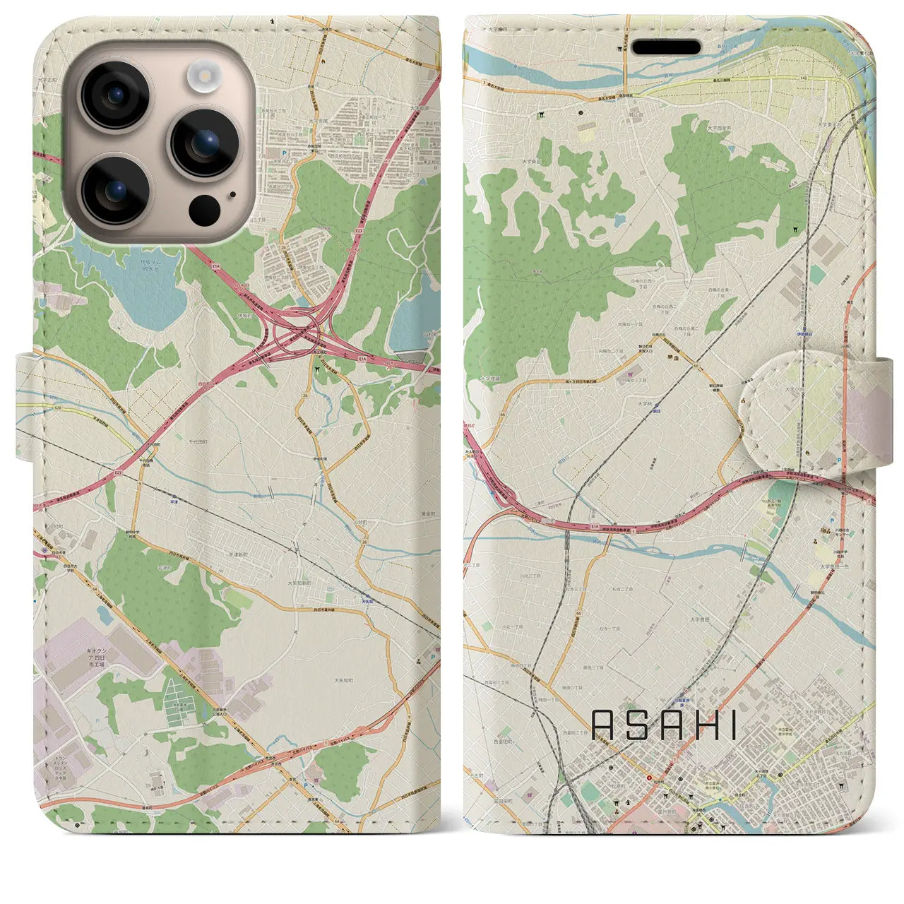 【朝日（三重県）】地図柄iPhoneケース（手帳タイプ）ナチュラル・iPhone 16 Plus 用