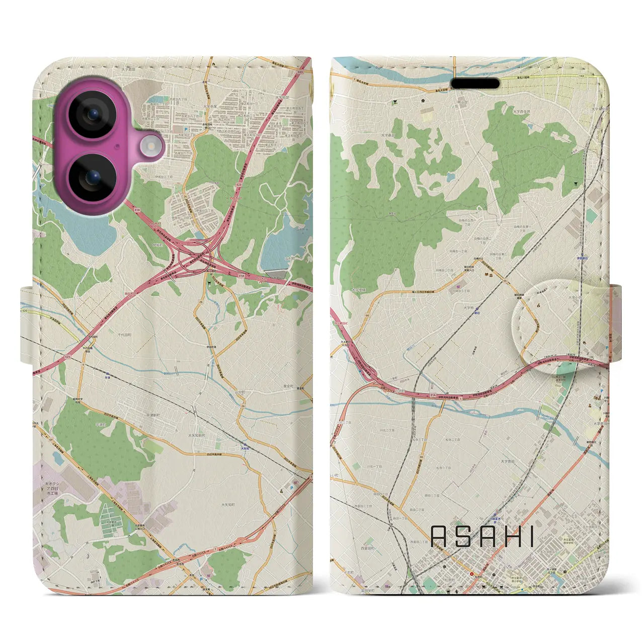 【朝日（三重県）】地図柄iPhoneケース（手帳タイプ）ナチュラル・iPhone 16 Pro 用