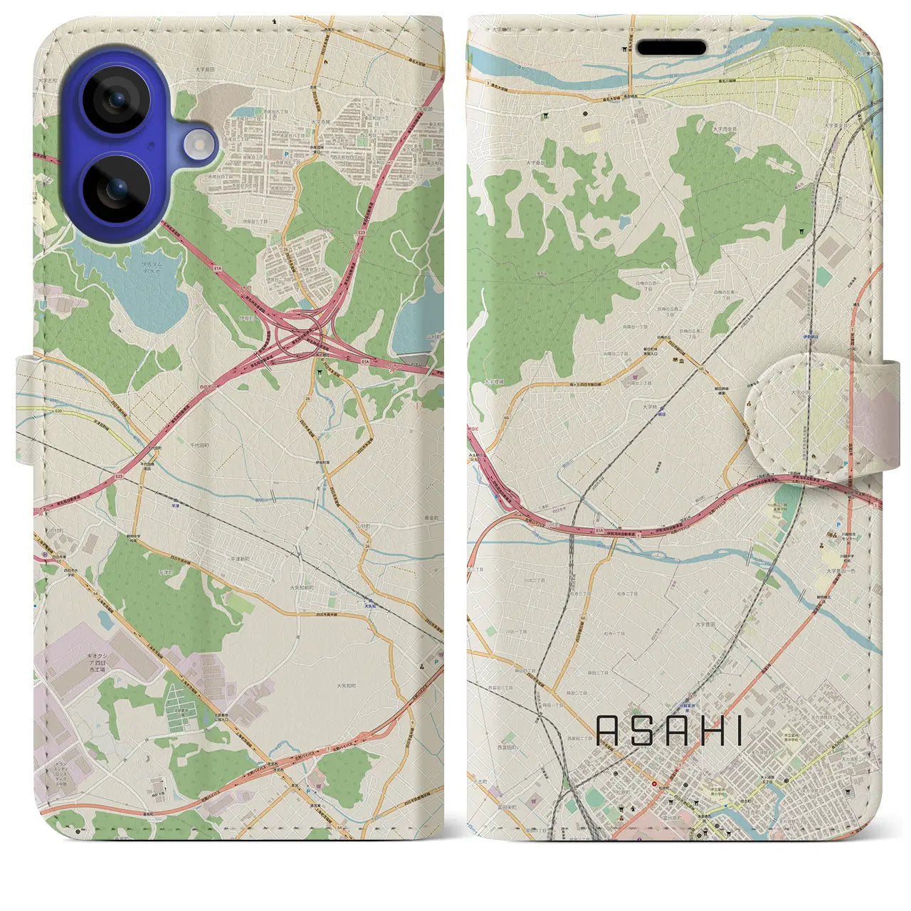 【朝日（三重県）】地図柄iPhoneケース（手帳タイプ）ナチュラル・iPhone 16 Pro Max 用