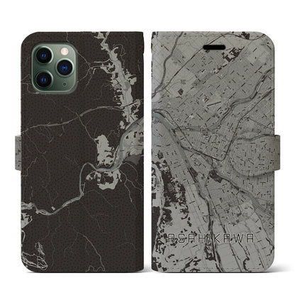 【旭川（北海道）】地図柄iPhoneケース（手帳タイプ）モノトーン・iPhone 11 Pro 用