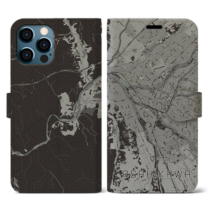 【旭川（北海道）】地図柄iPhoneケース（手帳タイプ）モノトーン・iPhone 12 / 12 Pro 用