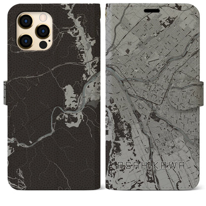 【旭川（北海道）】地図柄iPhoneケース（手帳タイプ）モノトーン・iPhone 12 Pro Max 用