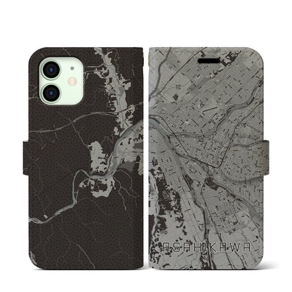 【旭川（北海道）】地図柄iPhoneケース（手帳タイプ）モノトーン・iPhone 12 mini 用