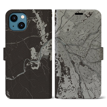 【旭川（北海道）】地図柄iPhoneケース（手帳タイプ）モノトーン・iPhone 13 用