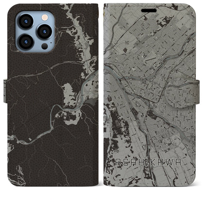 【旭川（北海道）】地図柄iPhoneケース（手帳タイプ）モノトーン・iPhone 13 Pro Max 用