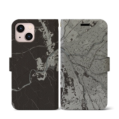 【旭川（北海道）】地図柄iPhoneケース（手帳タイプ）モノトーン・iPhone 13 mini 用