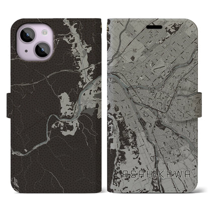 【旭川（北海道）】地図柄iPhoneケース（手帳タイプ）モノトーン・iPhone 14 用