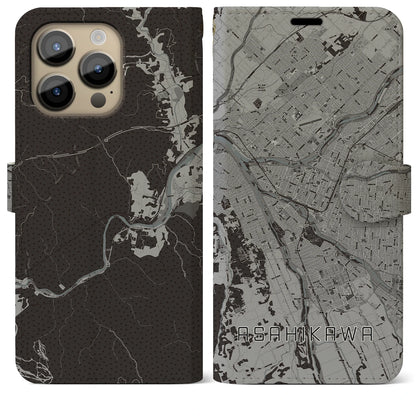 【旭川（北海道）】地図柄iPhoneケース（手帳タイプ）モノトーン・iPhone 14 Pro Max 用