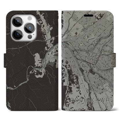 【旭川（北海道）】地図柄iPhoneケース（手帳タイプ）モノトーン・iPhone 14 Pro 用