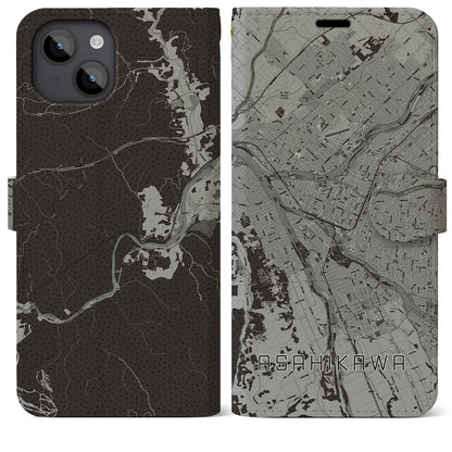 【旭川（北海道）】地図柄iPhoneケース（手帳タイプ）モノトーン・iPhone 14 Plus 用