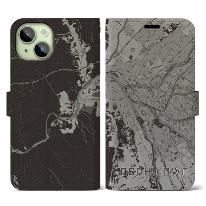 【旭川（北海道）】地図柄iPhoneケース（手帳タイプ）モノトーン・iPhone 15 用