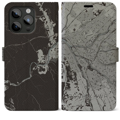 【旭川（北海道）】地図柄iPhoneケース（手帳タイプ）モノトーン・iPhone 15 Pro Max 用