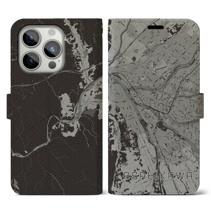 【旭川（北海道）】地図柄iPhoneケース（手帳タイプ）モノトーン・iPhone 15 Pro 用