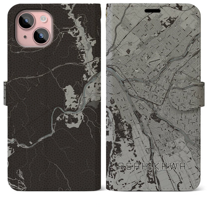 【旭川（北海道）】地図柄iPhoneケース（手帳タイプ）モノトーン・iPhone 15 Plus 用
