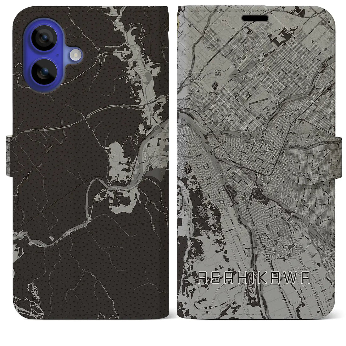 【旭川(北海道)】地図柄iPhoneケース(手帳タイプ)モノトーン・iPhone 16 Pro Max 用