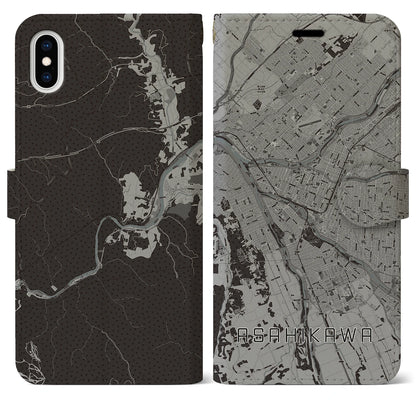 【旭川（北海道）】地図柄iPhoneケース（手帳タイプ）モノトーン・iPhone XS Max 用