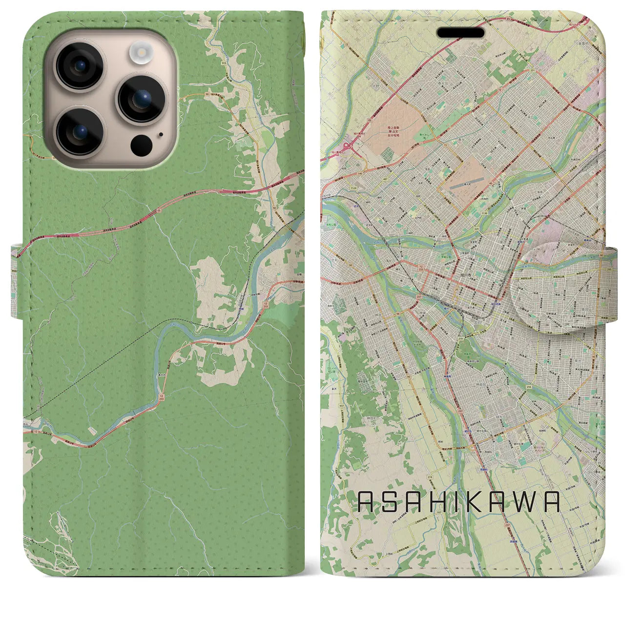 【旭川（北海道）】地図柄iPhoneケース（手帳タイプ）ナチュラル・iPhone 16 Plus 用