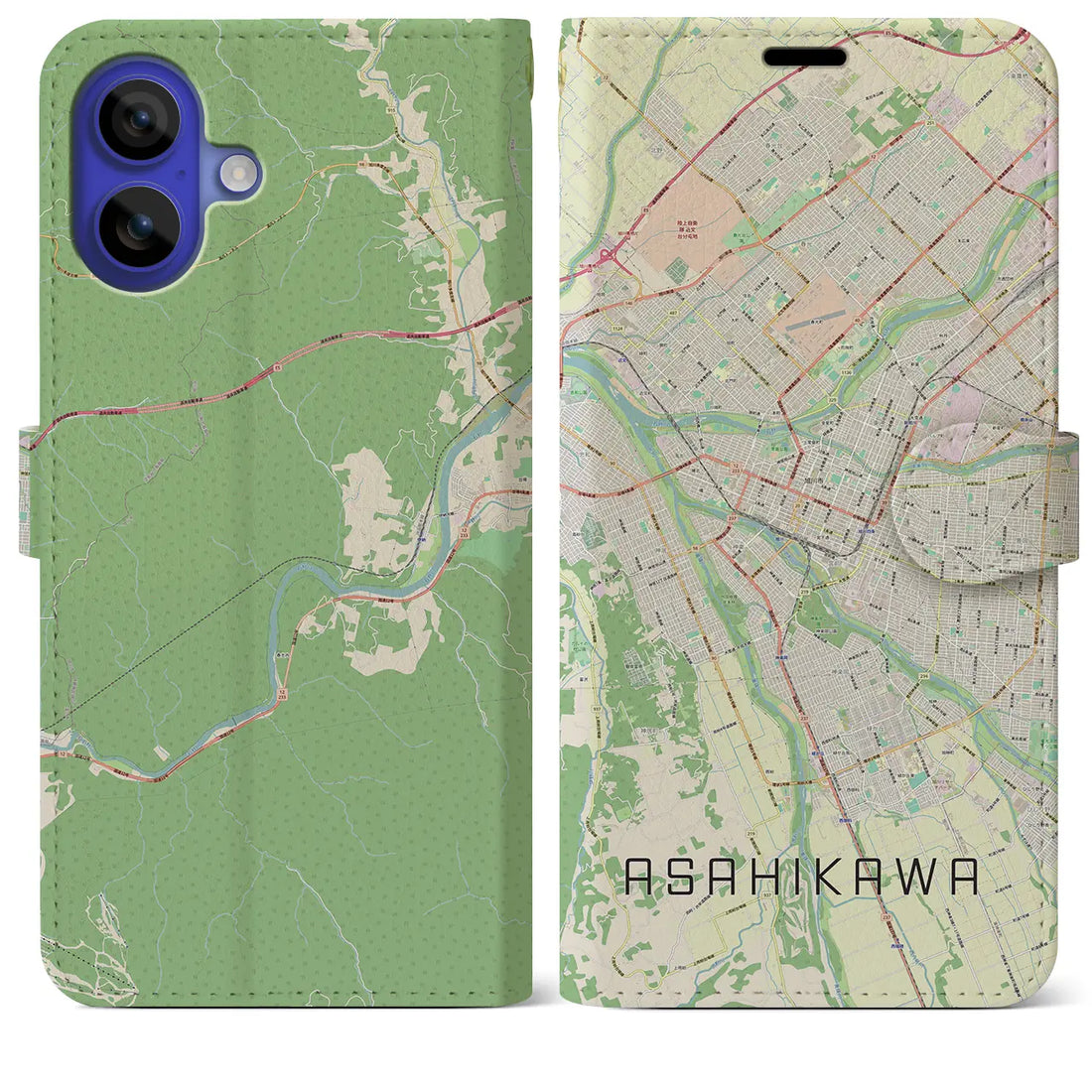 【旭川（北海道）】地図柄iPhoneケース（手帳タイプ）ナチュラル・iPhone 16 Pro Max 用