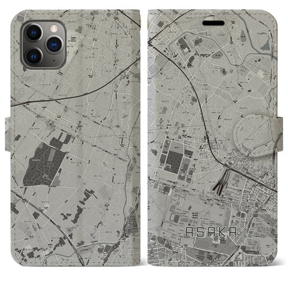 【朝霞（埼玉県）】地図柄iPhoneケース（手帳タイプ）モノトーン・iPhone 11 Pro Max 用