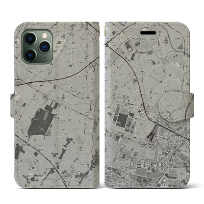 【朝霞（埼玉県）】地図柄iPhoneケース（手帳タイプ）モノトーン・iPhone 11 Pro 用