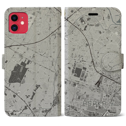【朝霞（埼玉県）】地図柄iPhoneケース（手帳タイプ）モノトーン・iPhone 11 用