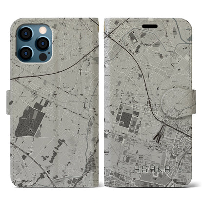 【朝霞（埼玉県）】地図柄iPhoneケース（手帳タイプ）モノトーン・iPhone 12 / 12 Pro 用