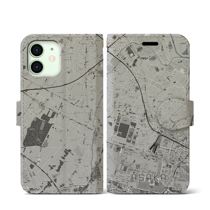 【朝霞（埼玉県）】地図柄iPhoneケース（手帳タイプ）モノトーン・iPhone 12 mini 用