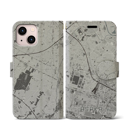 【朝霞（埼玉県）】地図柄iPhoneケース（手帳タイプ）モノトーン・iPhone 13 mini 用