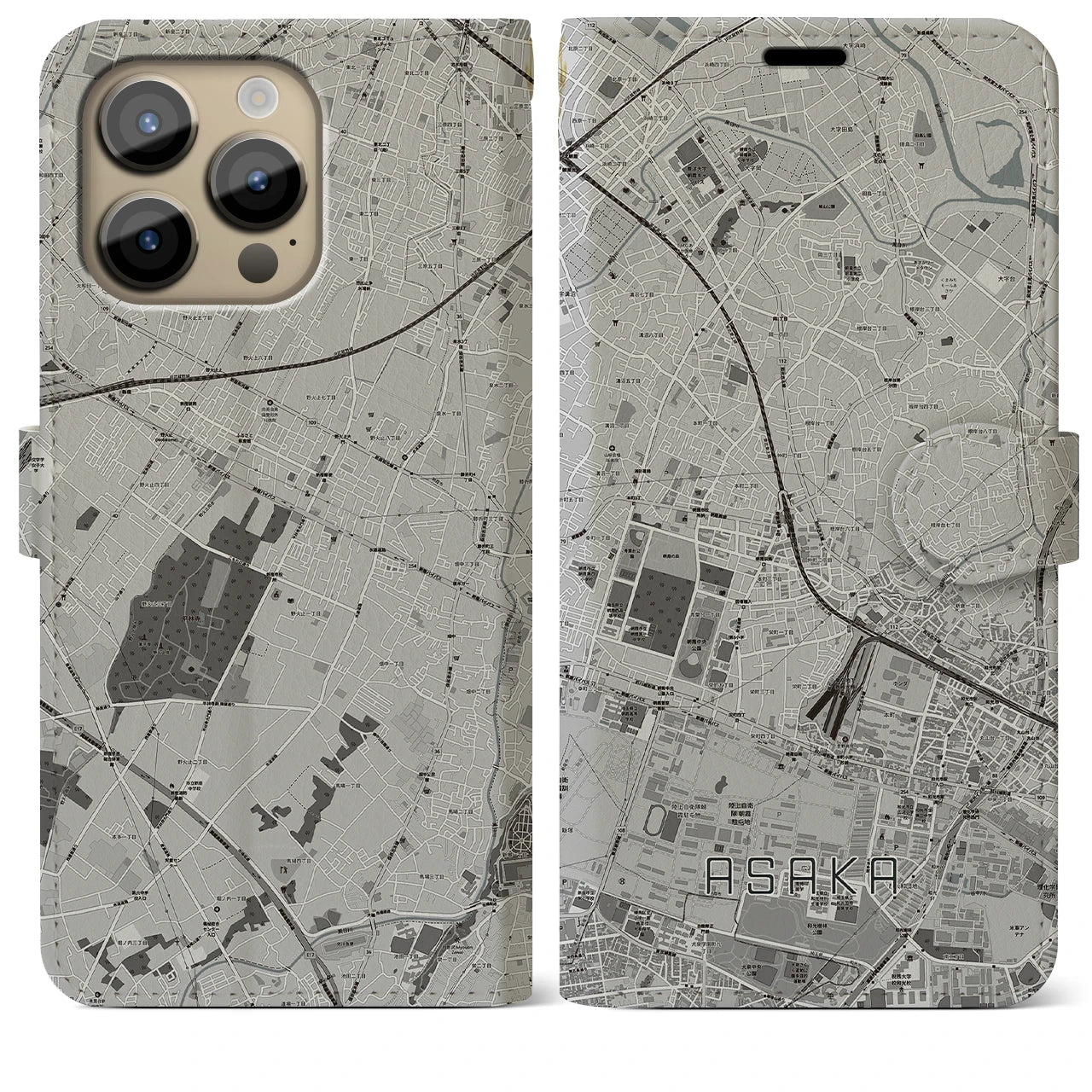 【朝霞】地図柄iPhoneケース（手帳両面タイプ・モノトーン）iPhone 14 Pro Max 用