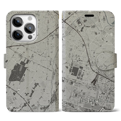 【朝霞（埼玉県）】地図柄iPhoneケース（手帳タイプ）モノトーン・iPhone 14 Pro 用
