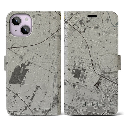 【朝霞（埼玉県）】地図柄iPhoneケース（手帳タイプ）モノトーン・iPhone 14 用