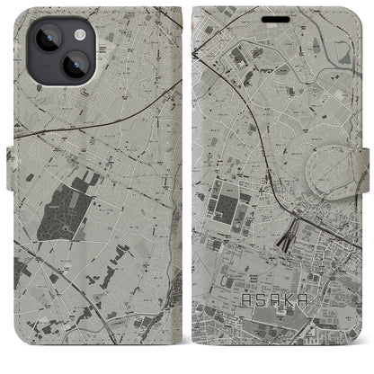 【朝霞（埼玉県）】地図柄iPhoneケース（手帳タイプ）モノトーン・iPhone 14 Plus 用