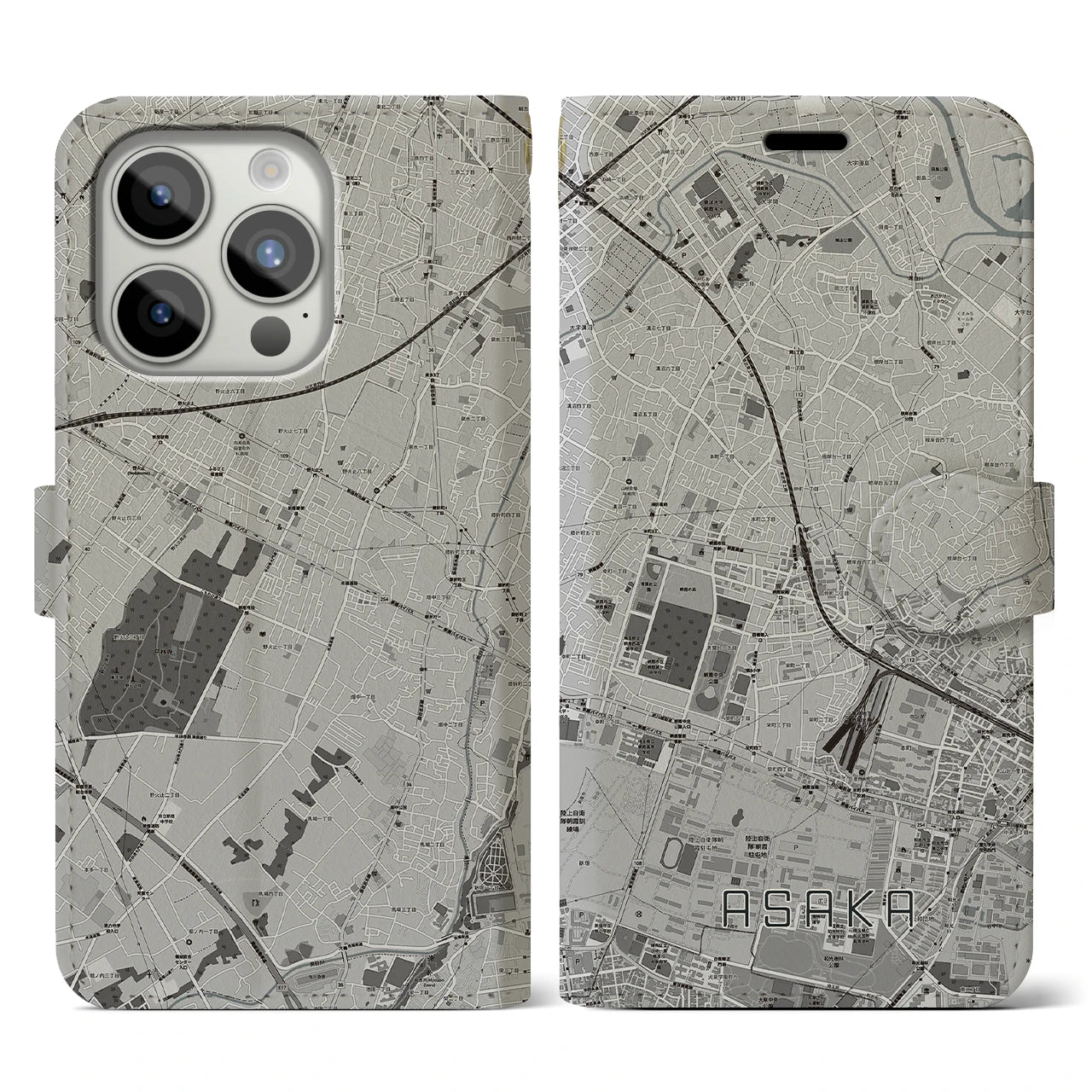 【朝霞】地図柄iPhoneケース（手帳両面タイプ・モノトーン）iPhone 15 Pro 用